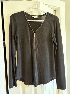 Ardene Black Long Sleeve Zip-Neck Top with Gold Zip